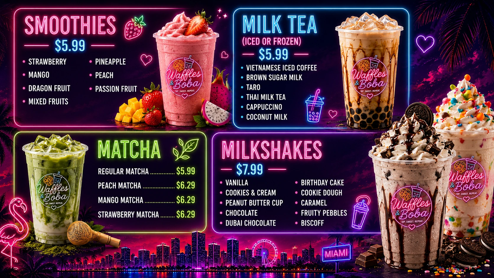 Boba, milk tea, matcha and milkshakes menu