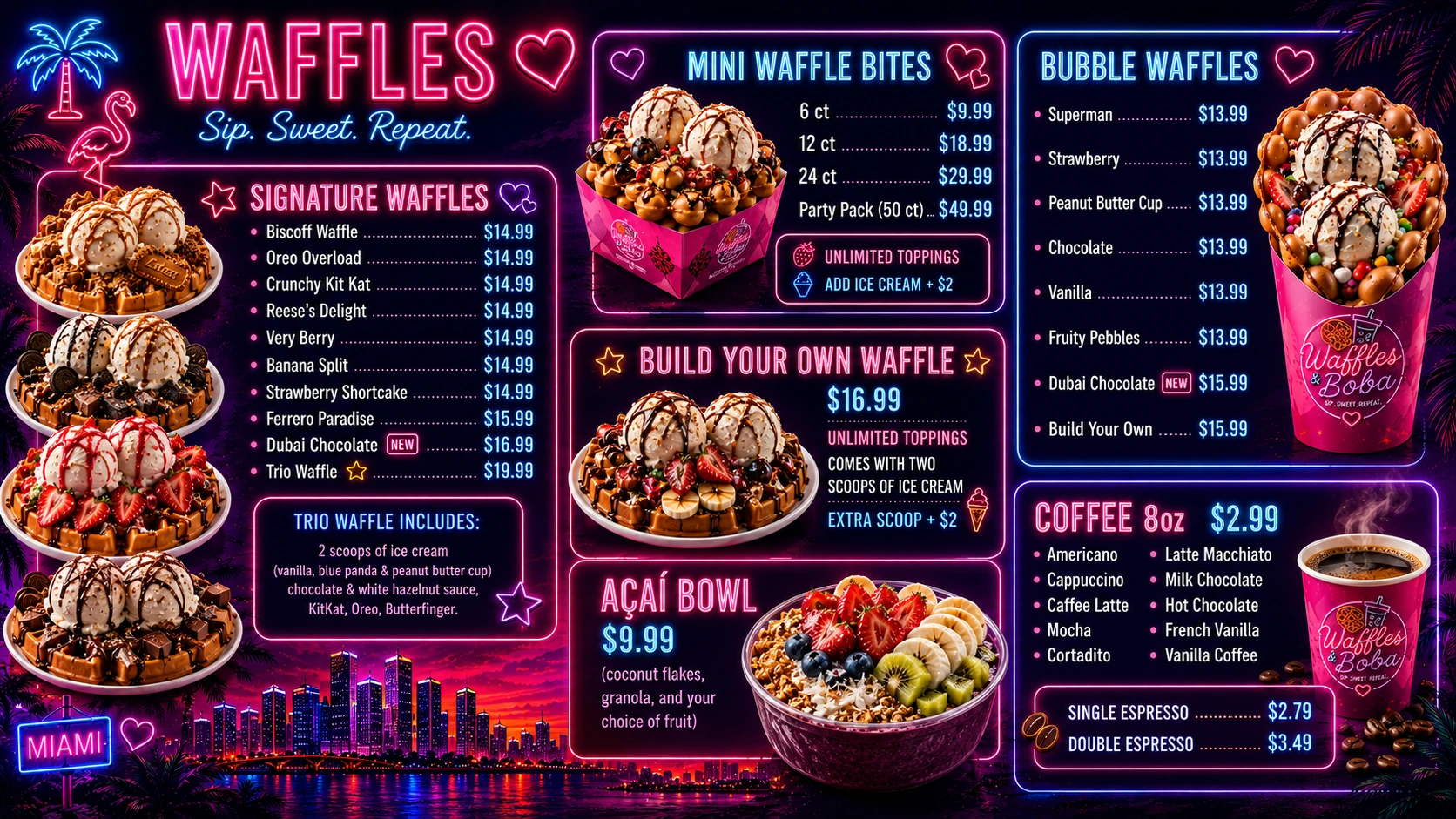 Waffles, açaí and coffee menu