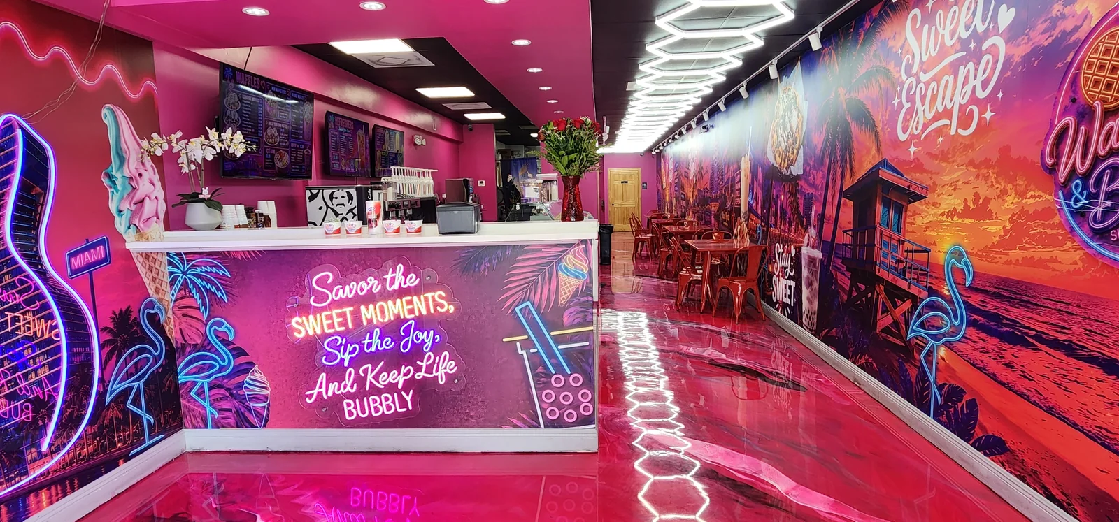 Waffles & Boba service counter and seating
