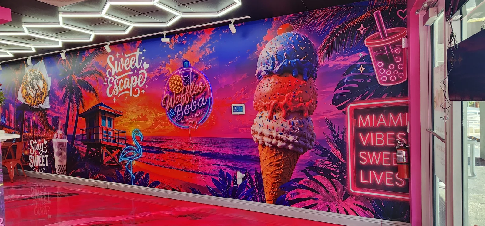 Miami beach mural inside Waffles & Boba